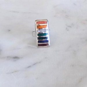 New Peruvian Silver 950 -7 chakras ring  inlaid with 7 stones
